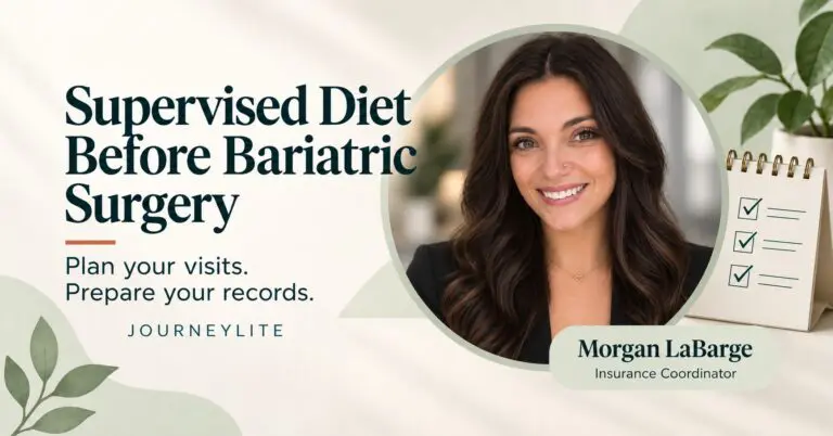 Morgan LaBarge, JourneyLite insurance coordinator, beside the guide title Supervised Diet Before Bariatric Surgery.