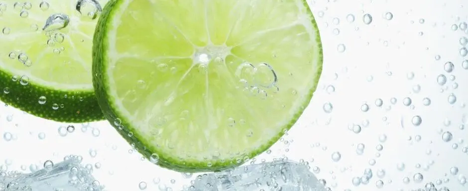 clear drink with bubbles, ice, and lime slices