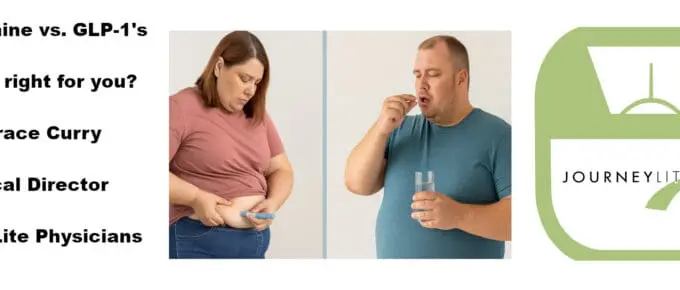 Comparison of GLP-1 injection versus oral pill for medical weight loss, shown with two adults.