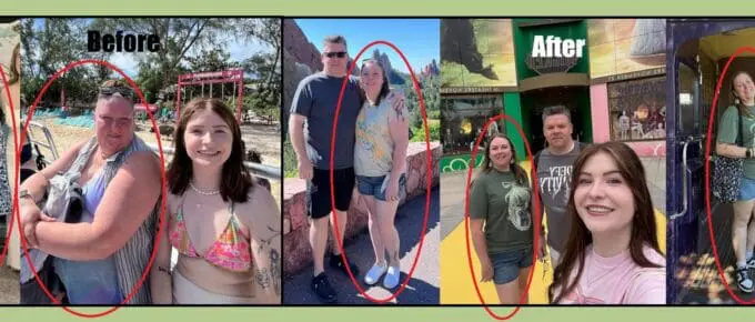 Side-by-side collage of Heather’s weight-loss journey, showing two before photos on the left and three after photos on the right, highlighting her slimmer figure, increased confidence, and ability to enjoy travel and activities with her family after weight-loss surgery at JourneyLite.