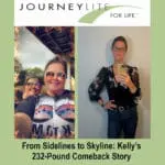 Wide JourneyLite banner showing Kelly’s before-and-after photos side by side with the text “Down 232 lbs!” and the JourneyLite for Life logo at the top.