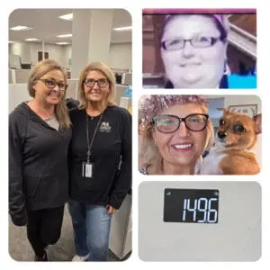 Sue’s gastric bypass transformation at JourneyLite—collage showing before photos and current weight of 149.6 lbs after losing about 200 pounds.