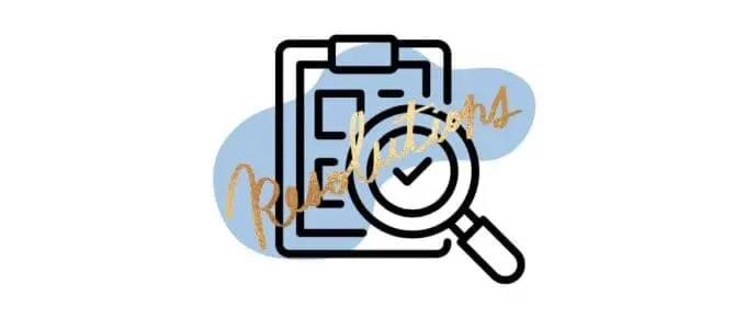 graphic of a magnifying glass over a paper with the text resolutions overlaid in gold