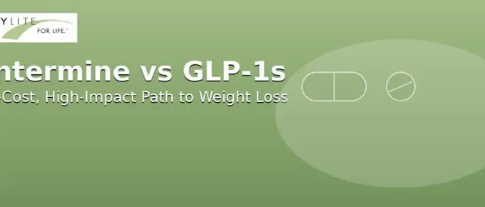 JourneyLite “For Life” logo over a clean green swoosh with headline style graphic for article comparing phentermine vs. GLP-1 medications.