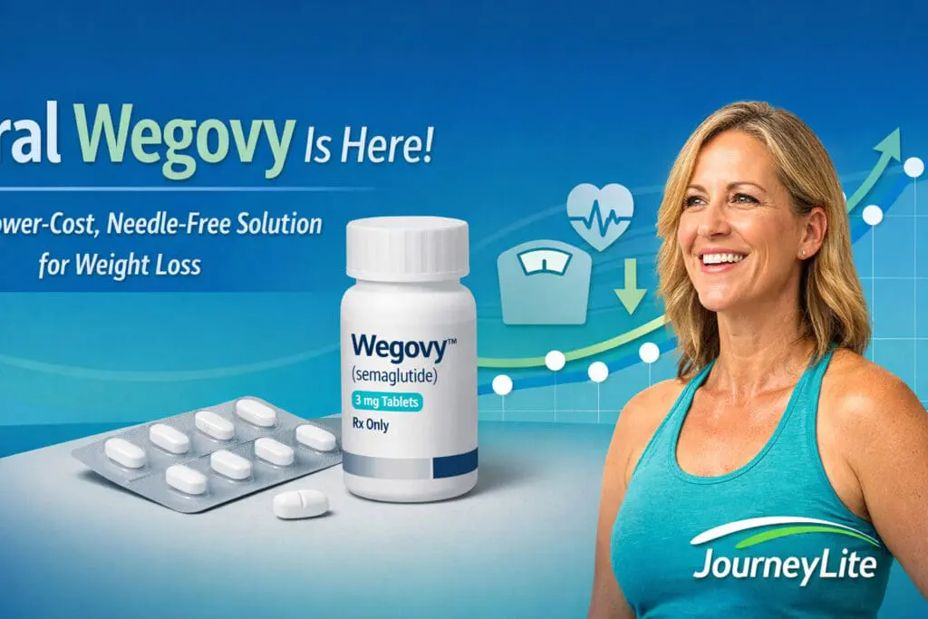Hero image promoting oral Wegovy weight loss at JourneyLite, featuring Wegovy tablets, a progress graph, and a healthy woman smiling.