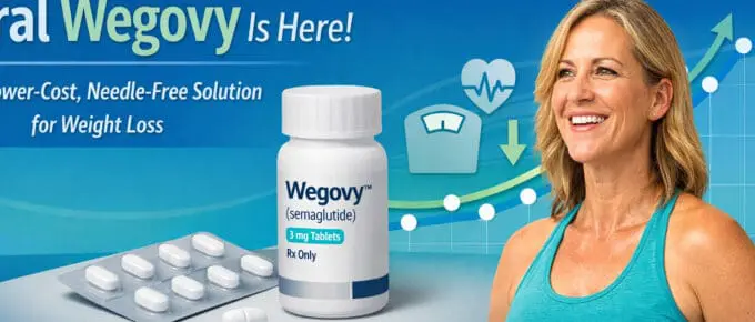 Hero image promoting oral Wegovy weight loss at JourneyLite, featuring Wegovy tablets, a progress graph, and a healthy woman smiling.