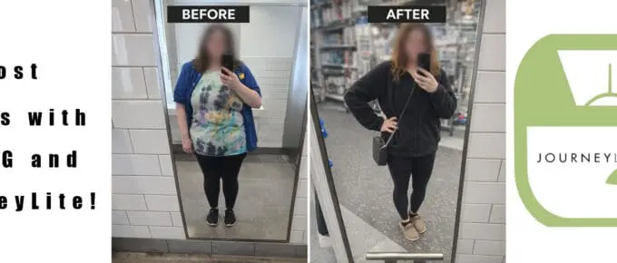 Side-by-side mirror selfies labeled “Before” and “After,” showing a woman’s weight-loss transformation in black leggings, with the before photo on the left and after photo on the right.