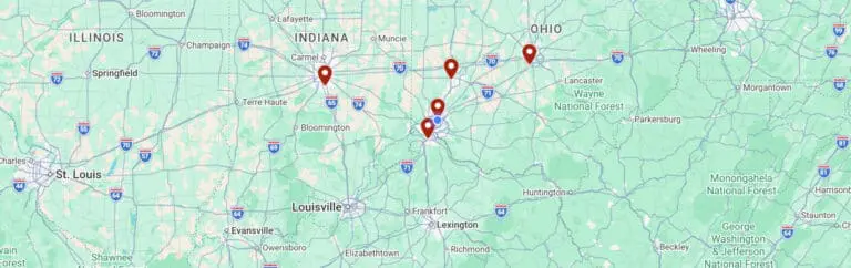 Map showing JourneyLite’s five office locations across the Midwest, with pins in Cincinnati, Northern Kentucky, Dayton, Columbus, and Indianapolis.