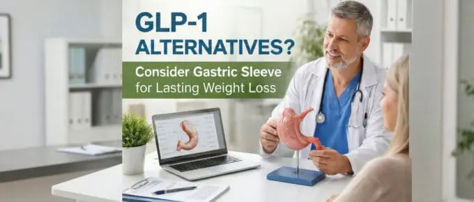 A doctor in a clinical office setting, showing a patient a medical model of a stomach and a laptop screen displaying a gastric sleeve diagram. Overlay text reads: "GLP-1 ALTERNATIVES? Consider Gastric Sleeve for Lasting Weight Loss."