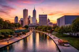 Indianapolis skyline at sunset with the downtown canal in the foreground, created as a wide hero image for JourneyLite’s Indiana weight loss surgery page.
