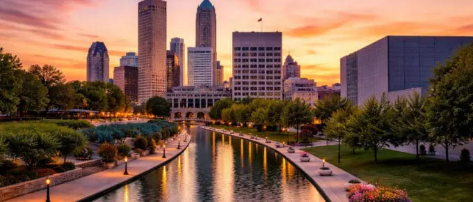 Indianapolis skyline at sunset with the downtown canal in the foreground, created as a wide hero image for JourneyLite’s Indiana weight loss surgery page.