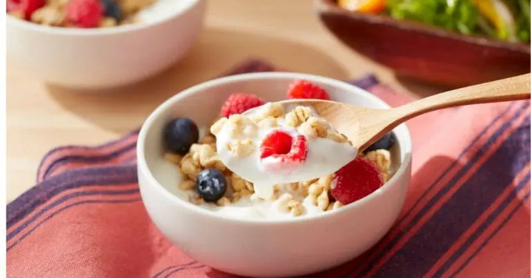 Bowl of yogurt with fruit mixed in