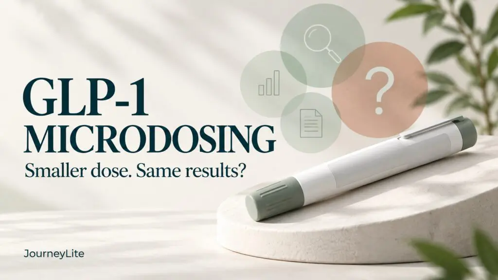GLP-1 microdosing: Smaller dose. Same results? JourneyLite illustration with a capped injection pen.