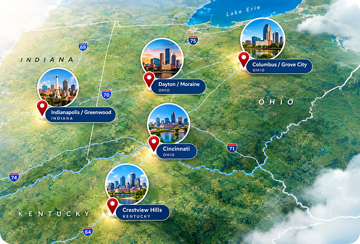 Map of JourneyLite's five office locations in Ohio, Kentucky and Indiana