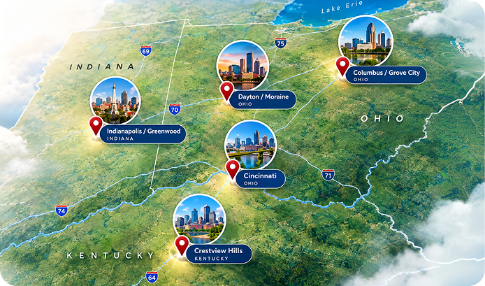 Map of JourneyLite locations in Indianapolis, Dayton, Columbus, Cincinnati and Crestview Hills