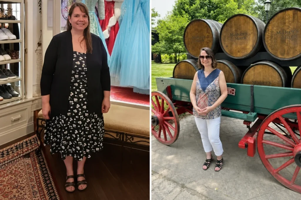 Heather before and after gastric bypass surgery showing her 111-pound weight-loss result at JourneyLite