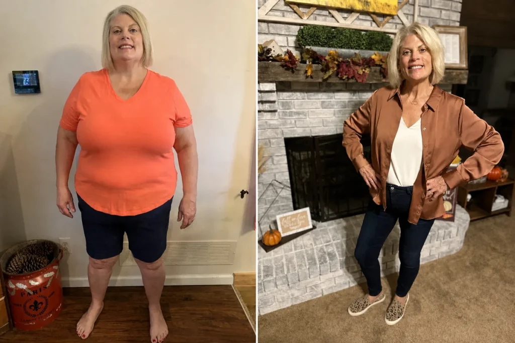 Christie before and after gastric sleeve surgery showing her 136-pound weight loss at JourneyLite