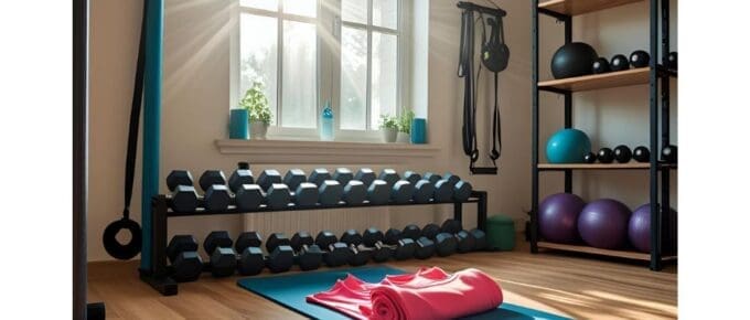 home gym with yoga mat and dumbbells in the background.