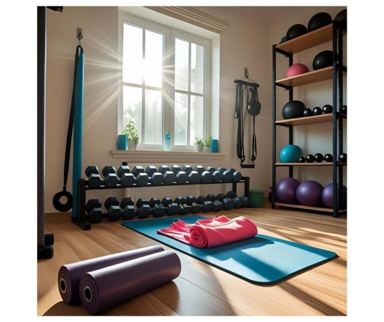 home gym with yoga mat and dumbbells in the background.
