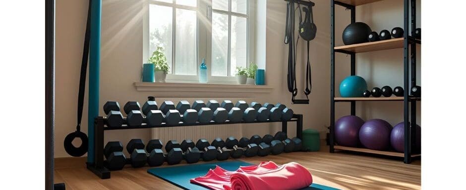 home gym with yoga mat and dumbbells in the background.