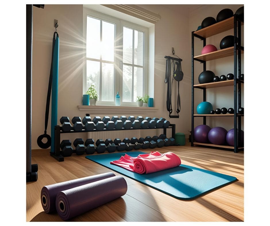 home gym with yoga mat and dumbbells in the background.