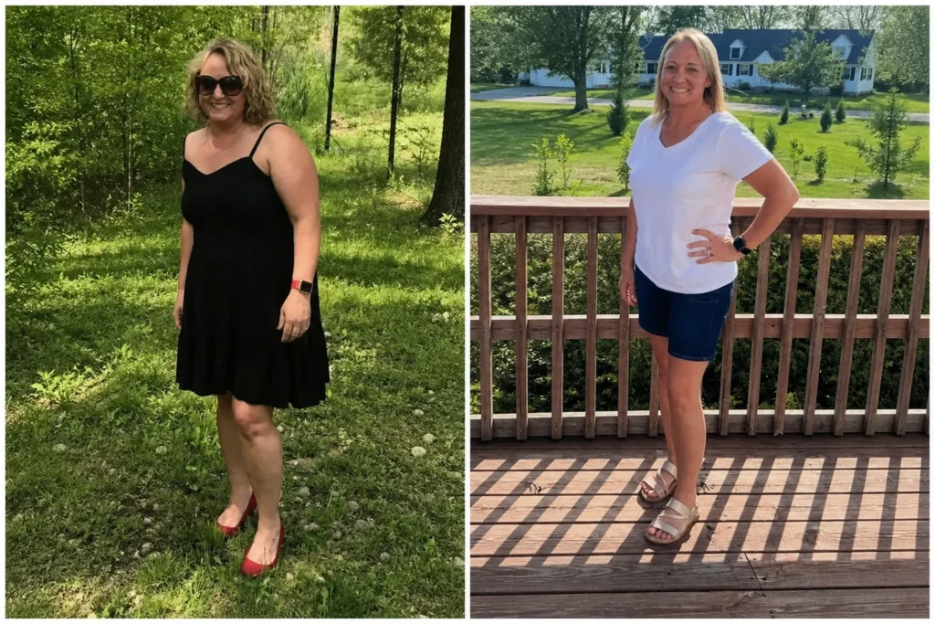 Kandace before and after gastric sleeve surgery showing her 96-pound weight loss at JourneyLite
