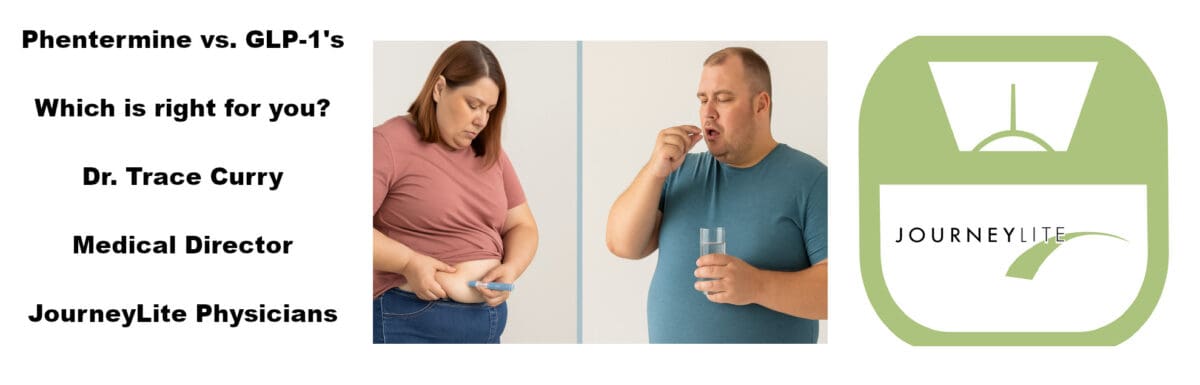 Comparison of GLP-1 injection versus oral pill for medical weight loss, shown with two adults.