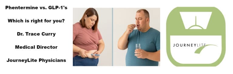 Comparison of GLP-1 injection versus oral pill for medical weight loss, shown with two adults.