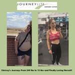 Chrissy’s gastric sleeve transformation at JourneyLite—side-by-side before and after, from 245 lbs to 130 lbs, confident and healthy.