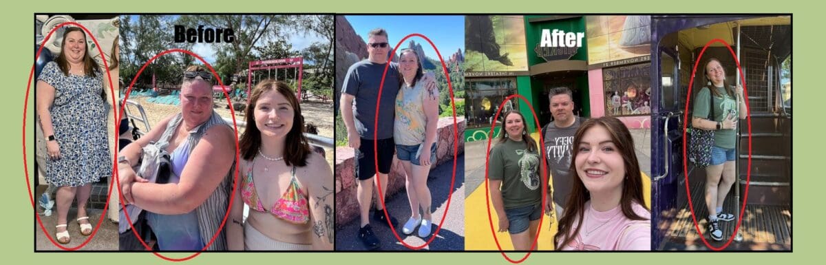 Side-by-side collage of Heather’s weight-loss journey, showing two before photos on the left and three after photos on the right, highlighting her slimmer figure, increased confidence, and ability to enjoy travel and activities with her family after weight-loss surgery at JourneyLite.