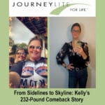 Wide JourneyLite banner showing Kelly’s before-and-after photos side by side with the text “Down 232 lbs!” and the JourneyLite for Life logo at the top.