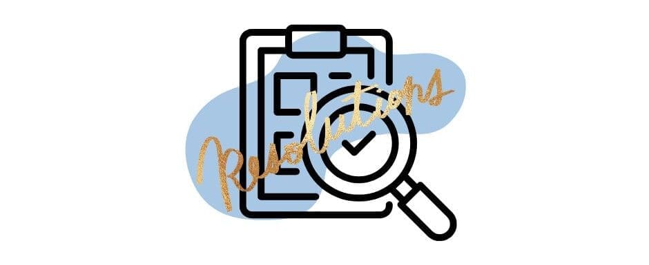 graphic of a magnifying glass over a paper with the text resolutions overlaid in gold