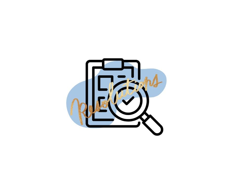 graphic of a magnifying glass over a paper with the text resolutions overlaid in gold