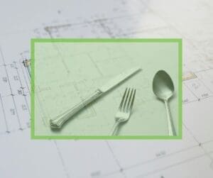 Place setting on top of a blueprint, symbolizing a structured plan for post-op and long-term bariatric nutrition.