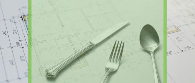 Place setting on top of a blueprint, symbolizing a structured plan for post-op and long-term bariatric nutrition.