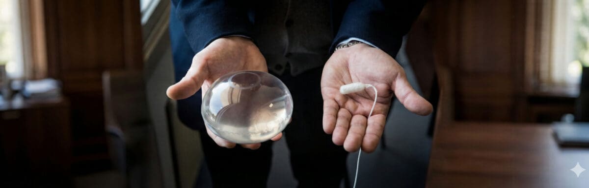 A person's hands holding a clear, inflated spherical gastric balloon in one hand and its uninflated, swallowable white capsule form with an attached thin tube in the other.