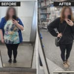 Side-by-side mirror selfies labeled “Before” and “After,” showing a woman’s weight-loss transformation in black leggings, with the before photo on the left and after photo on the right.