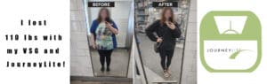 Side-by-side mirror selfies labeled “Before” and “After,” showing a woman’s weight-loss transformation in black leggings, with the before photo on the left and after photo on the right.