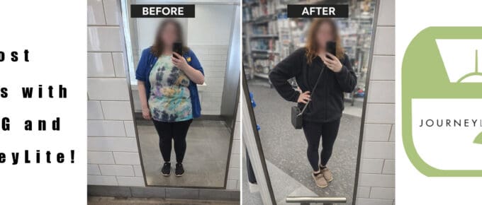 Side-by-side mirror selfies labeled “Before” and “After,” showing a woman’s weight-loss transformation in black leggings, with the before photo on the left and after photo on the right.