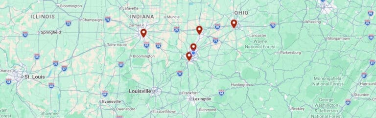 Map showing JourneyLite’s five office locations across the Midwest, with pins in Cincinnati, Northern Kentucky, Dayton, Columbus, and Indianapolis.