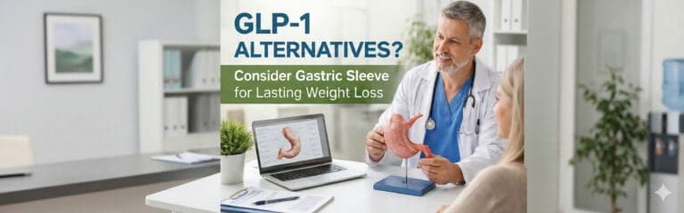 A doctor in a clinical office setting, showing a patient a medical model of a stomach and a laptop screen displaying a gastric sleeve diagram. Overlay text reads: "GLP-1 ALTERNATIVES? Consider Gastric Sleeve for Lasting Weight Loss."