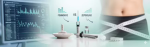 A visually informative comparison infographic banner on a bright medical countertop. The center shows oral capsules in a small dish (labeled "FOUNDAYO") next to an injectable pen and vial (labeled "ZEPBOUND"), separated by "VS" text. "FOUNDAYO" includes a downward bar chart graphic, and "ZEPBOUND" includes a downward scatter plot graphic. The blurred background features a medical monitor displaying downward health charts on the left and a person with a measuring tape on the right.