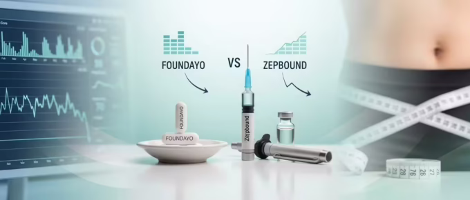 A visually informative comparison infographic banner on a bright medical countertop. The center shows oral capsules in a small dish (labeled "FOUNDAYO") next to an injectable pen and vial (labeled "ZEPBOUND"), separated by "VS" text. "FOUNDAYO" includes a downward bar chart graphic, and "ZEPBOUND" includes a downward scatter plot graphic. The blurred background features a medical monitor displaying downward health charts on the left and a person with a measuring tape on the right.