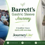 A before-and-after weight loss collage for Barrett’s Gastric Sleeve Journey by JourneyLite. On the left, a "Before" photo shows an overweight man in a cowboy hat sitting at an outdoor event. On the right, an "After" photo shows the same man significantly slimmer, wearing a hard hat and work uniform, taking a mirror selfie. The center features the JourneyLite logo and text reading "A healthier future starts with one step."