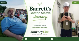 A before-and-after weight loss collage for Barrett’s Gastric Sleeve Journey by JourneyLite. On the left, a "Before" photo shows an overweight man in a cowboy hat sitting at an outdoor event. On the right, an "After" photo shows the same man significantly slimmer, wearing a hard hat and work uniform, taking a mirror selfie. The center features the JourneyLite logo and text reading "A healthier future starts with one step."