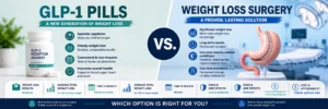 GLP-1 pills vs. weight loss surgery comparison showing an oral medication bottle, bariatric stomach model, cost, results, risks, and long-term impact.