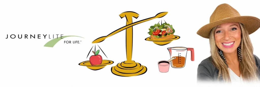 JourneyLite dietitian Devon Price with balanced nutrition scale showing healthy food choices for weight loss patients