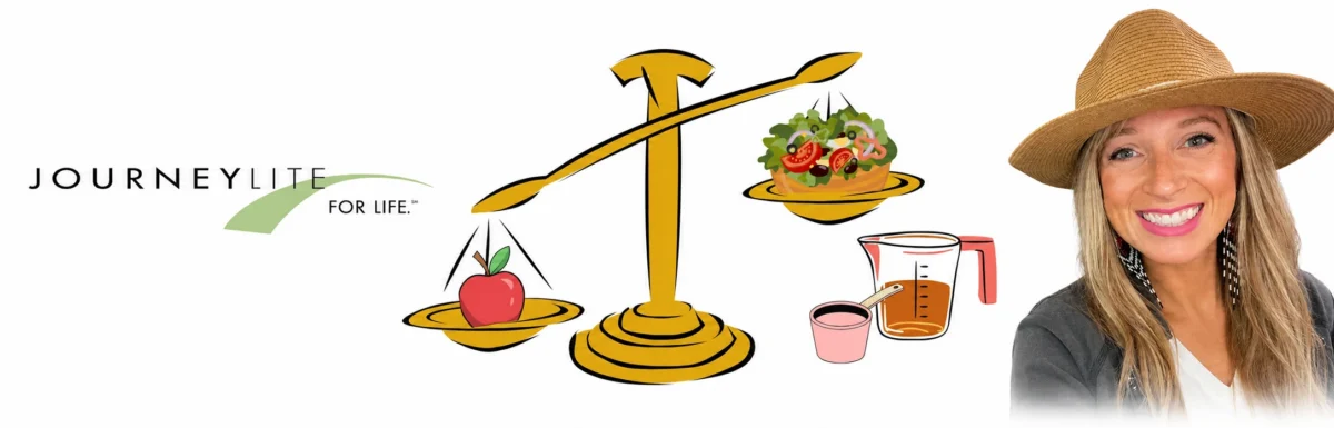 JourneyLite dietitian Devon Price with balanced nutrition scale showing healthy food choices for weight loss patients