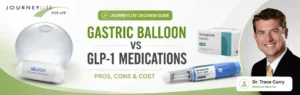JourneyLite featured image comparing gastric balloon and GLP-1 medications with Dr. Trace Curry, the JourneyLite logo, an Allurion gastric balloon, and a semaglutide injection pen.