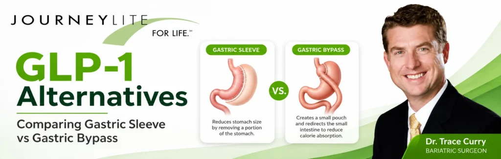 Dr. Trace Curry with JourneyLite graphic comparing GLP-1 alternatives, gastric sleeve, and gastric bypass surgery.
